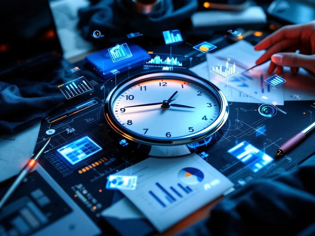 Analoge klok op modern bureau omringd door holografische tijdlijnen, stoffen stalen en laptop met datavisualisatie