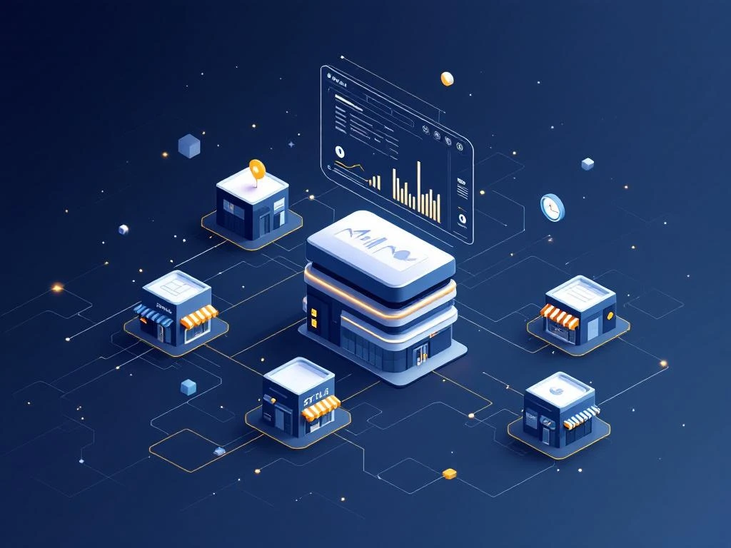 Isometrische illustratie van verbonden winkelblokken met datalijnen en ERP-dashboard in marineblauw en goud