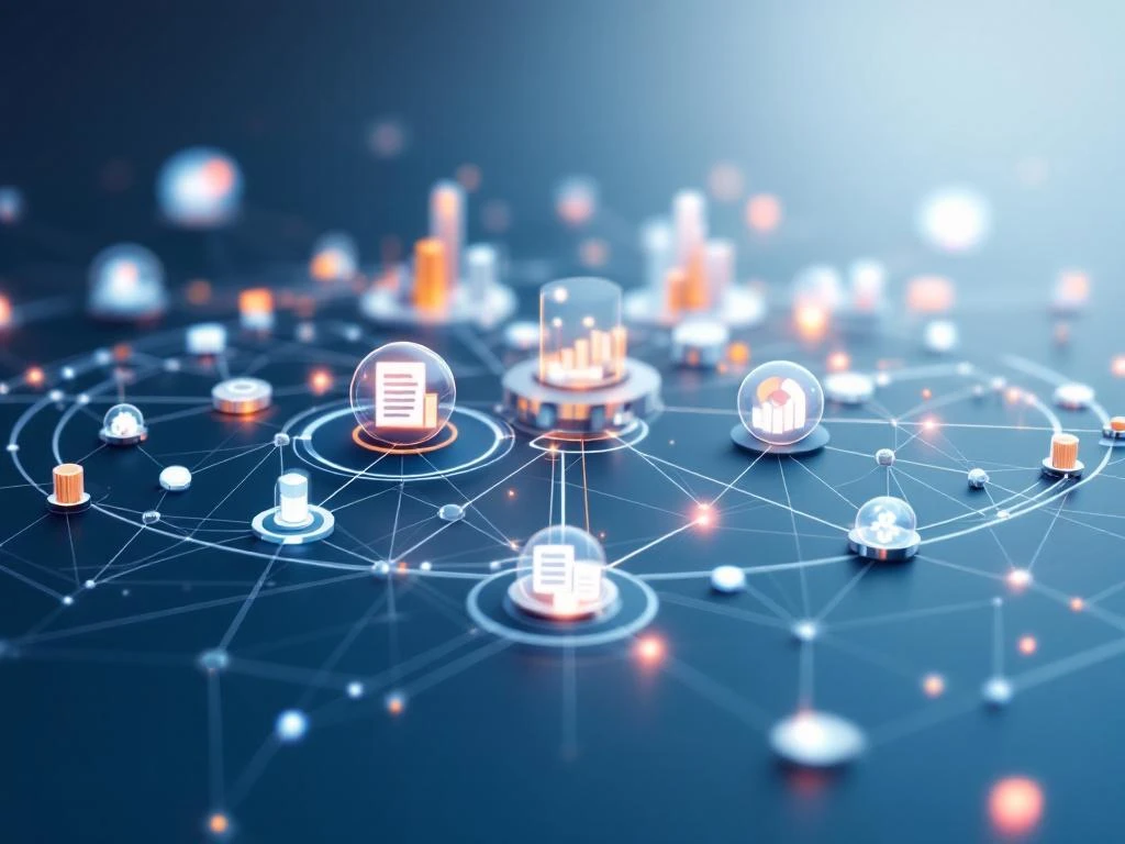 Geometrische workflow met onderling verbonden knooppunten en datastromen in blauw-zilveren kleurenpalet voor ERP-software