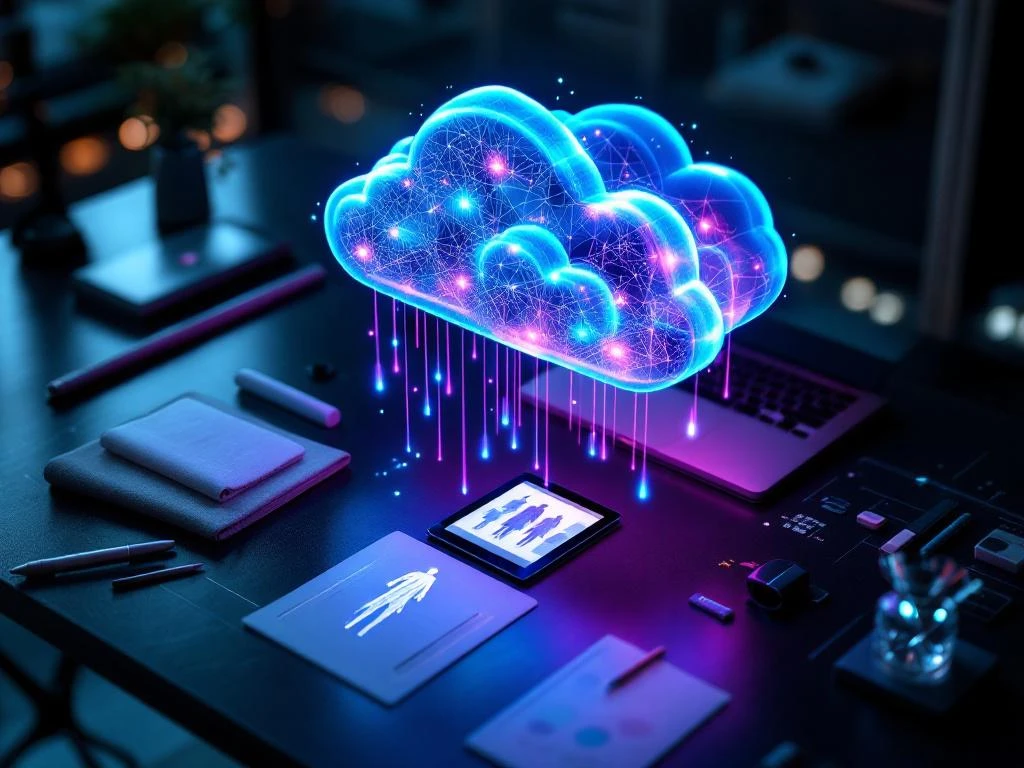 Holografische cloud met datastromen boven mode-ontwerptafel met stoffen en tablet in moderne werkruimte