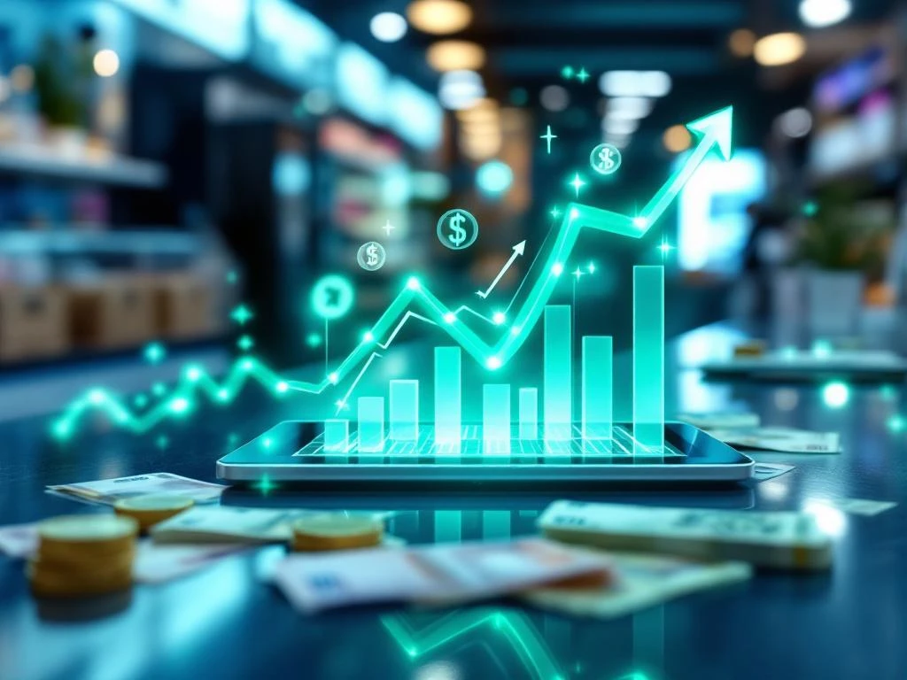 Tablet met groene stijgende grafieken op winkeltooonbank met eurobiljetten en moderne kassasysteem