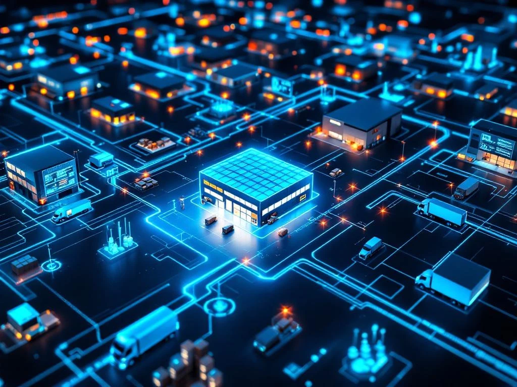 Vogelvluchtperspectief van verlicht logistiek netwerk met blauwe digitale routes die magazijnen en vrachtwagens verbinden
