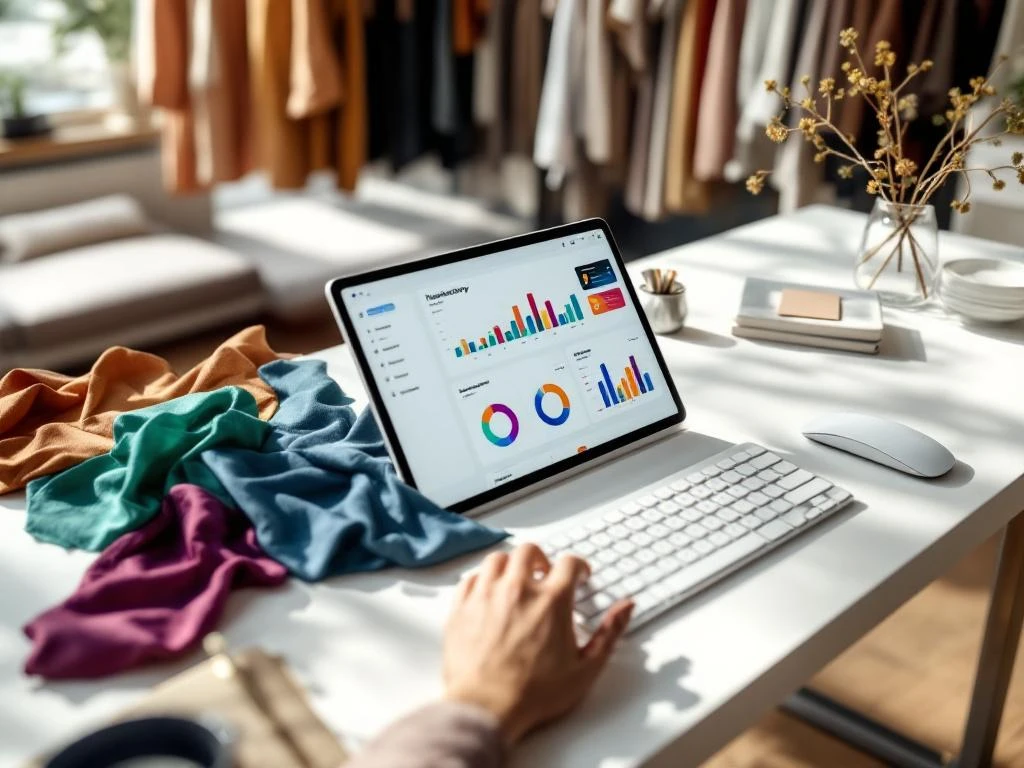 Tablet met mode-inventaris dashboard op minimalistisch bureau met kleurrijke stoffen stalen en boutique op achtergrond