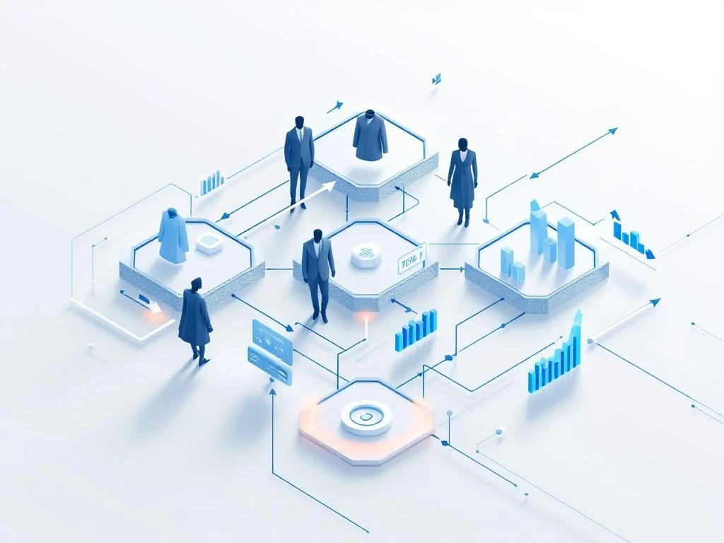 Geometrische hexagonale modules verbonden met kledingsilhouetten en grafieken op witte achtergrond met blauwe accenten