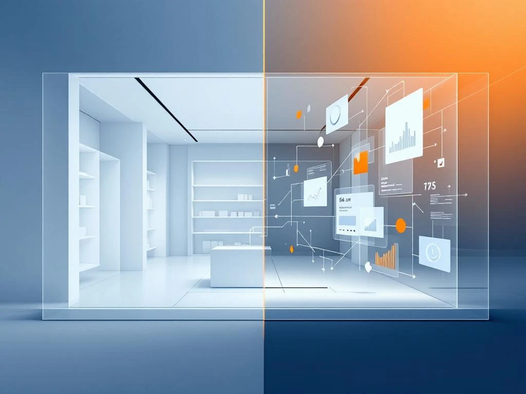 Gesplitst scherm toont fysieke winkel links en digitale e-commerce interface rechts, verbonden door vloeiende lijnen