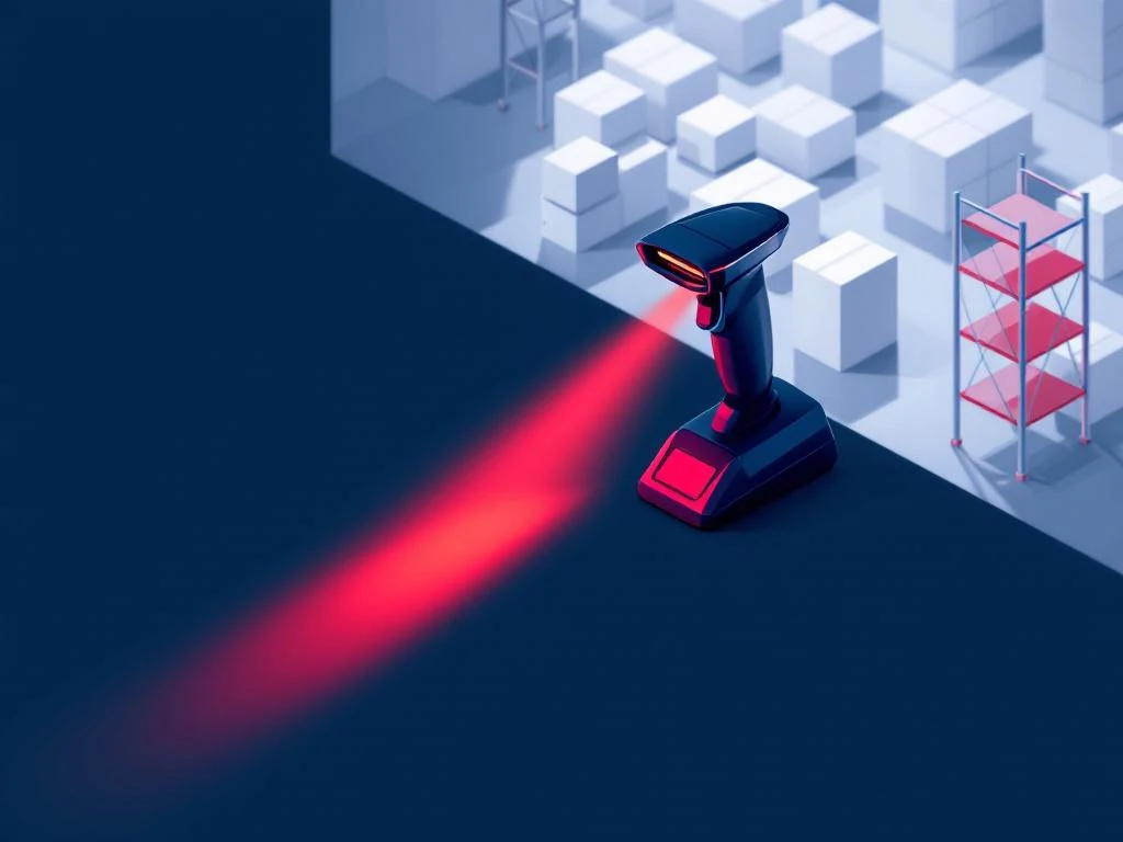 Moderne barcodescanner met rode laser in magazijn met georganiseerde voorraadrekken en geometrische schaduwen