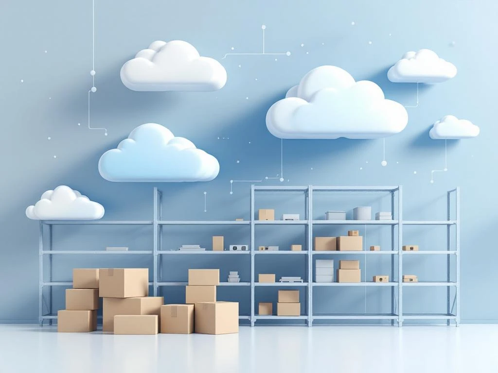 Geometrische wolkenvormen in blauw en wit met voorraaddozen die naar cloud-opslag stromen, met magazijnrekken op achtergrond