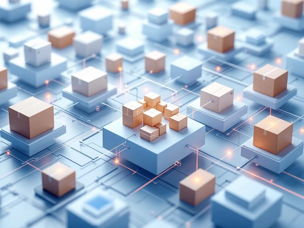 Moderne digitale magazijnvisualisatie met georganiseerde voorraadkubussen en datastromen voor ERP-software