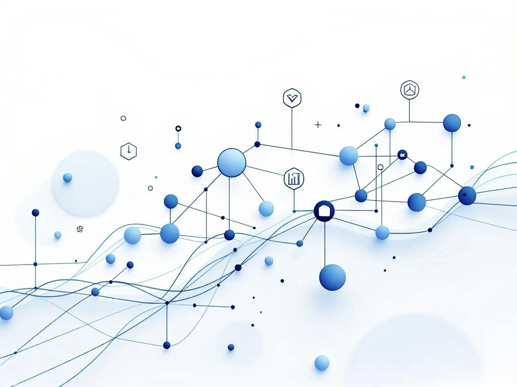 Minimalistisch dashboard met blauwe datavisualisatie-elementen, verbonden knooppunten en grafieken voor ERP-software