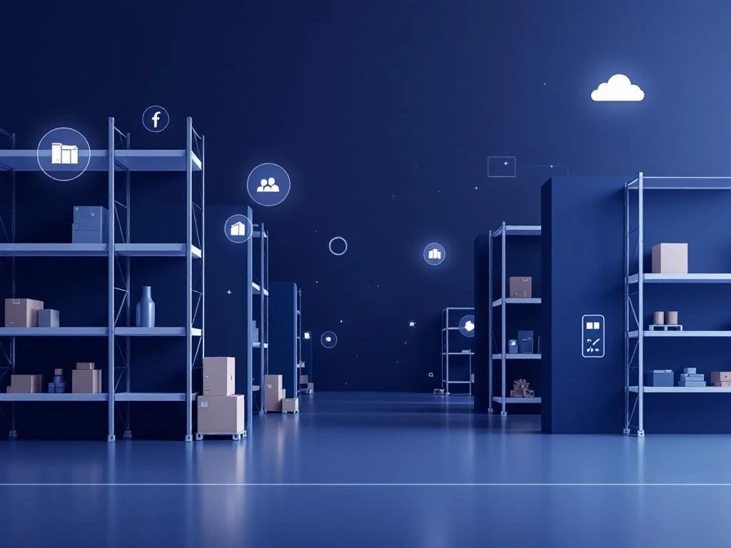 Minimalistisch magazijn met geometrische stellingen, zwevende data-elementen en digitale verbindingslijnen in marineblauw