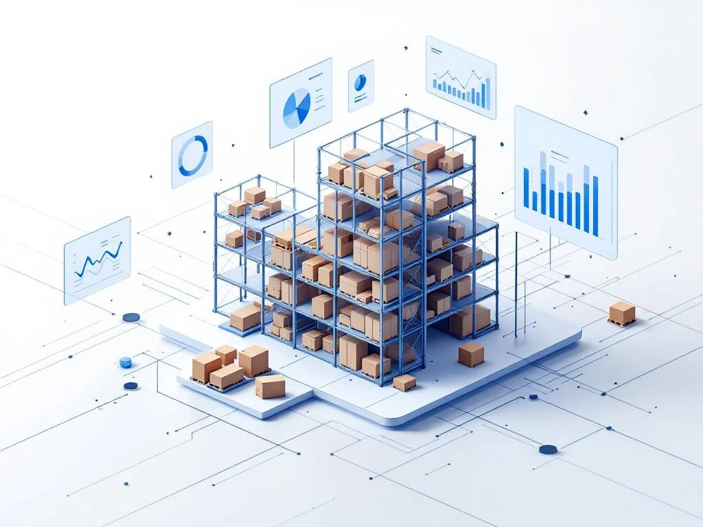 3D draadframe magazijn met zwevende voorraadboxen en dashboard-panelen, verbonden door blauwe lijnen op witte achtergrond