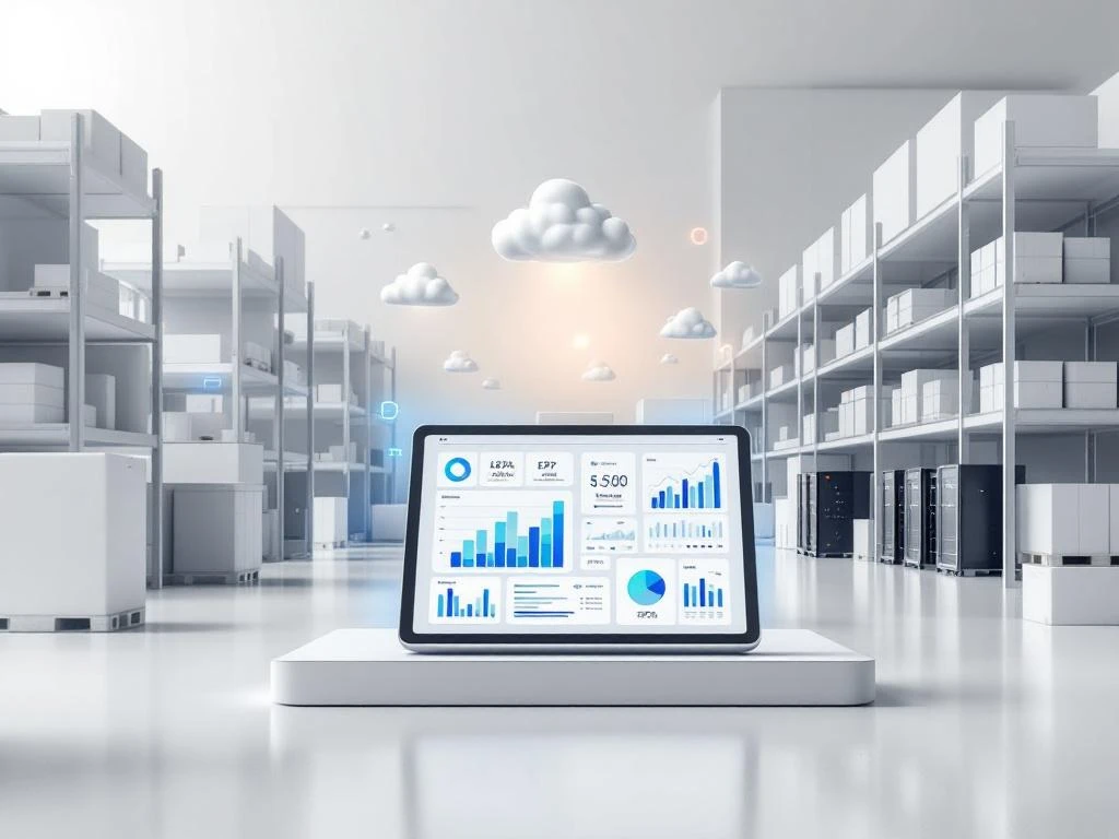 Tablet met ERP dashboard grafieken voor voorraadgegevens in minimalistische magazijn met digitale interface-elementen