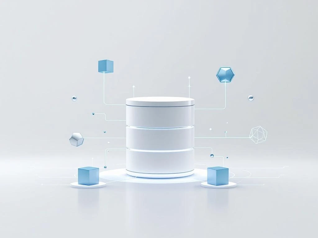 Witte digitale kluis omringd door zwevende geometrische data-knooppunten verbonden met blauwe lijnen voor ERP-software