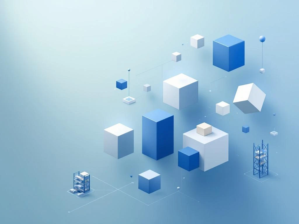 Zwevende geometrische blokken in blauw en wit met rekenmachine-elementen die ERP software modules voorstellen