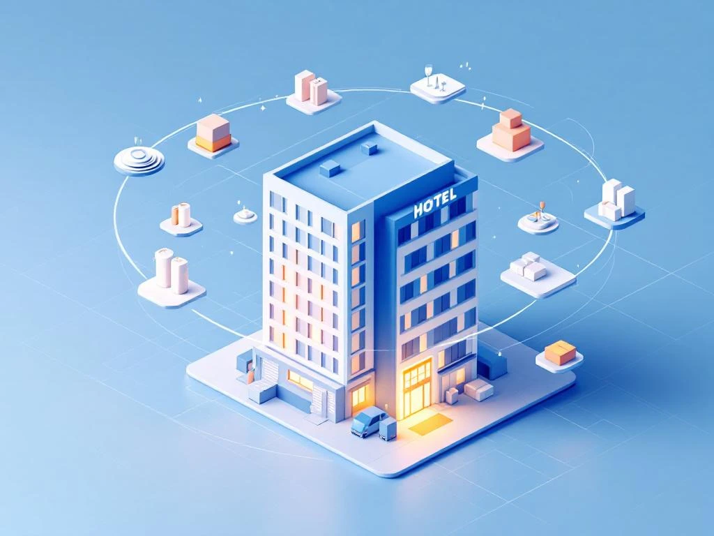 Moderne hotelgebouw in 3D isometrische stijl met zwevende inventaris iconen in blauw, wit en amber kleuren