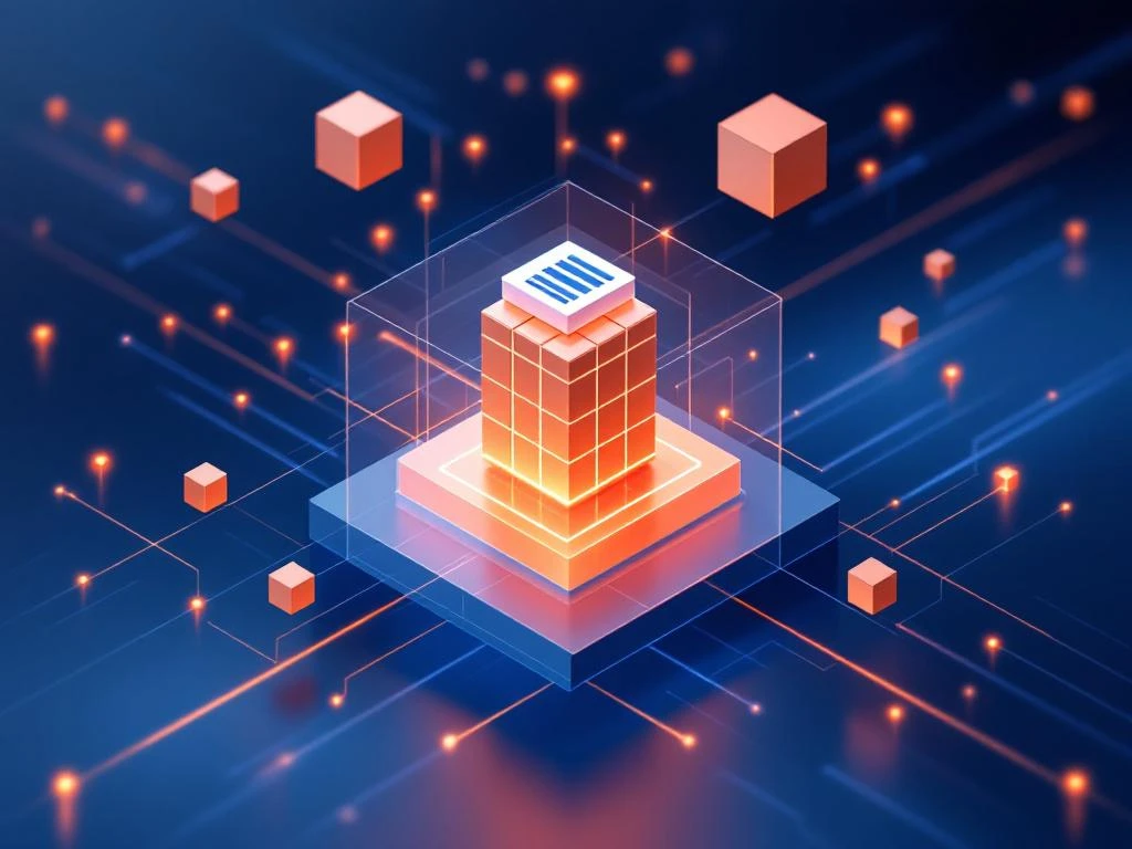 Minimalistisch dashboard met zwevende geometrische kubussen en verbonden knooppunten voor real-time voorraadgegevens.