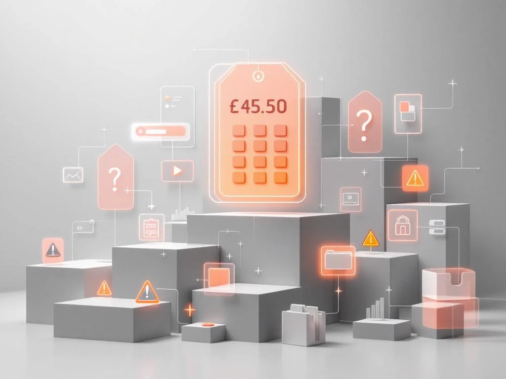 Digitale calculator zweeft boven geometrische magazijnrekken met waarschuwingssymbolen en kostenpictogrammen op grijze achtergrond