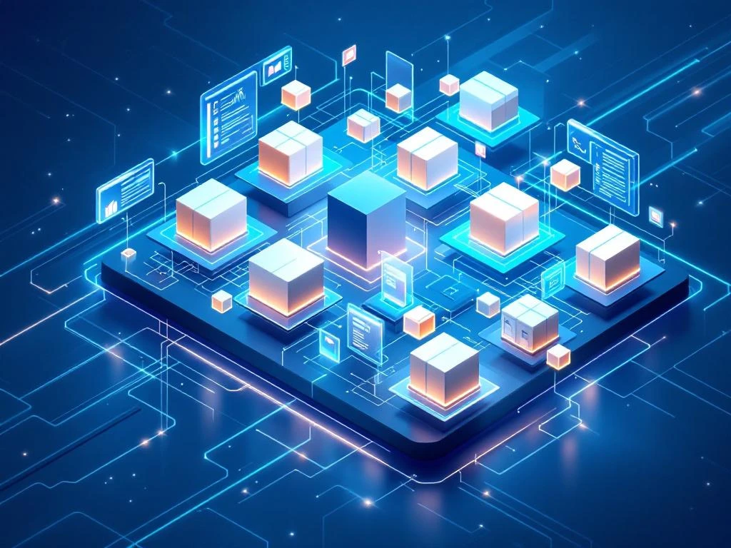 3D isometrisch magazijn met zwevende voorraaddozen, digitale datastromen en IoT-sensoren voor slim voorraadbeheer