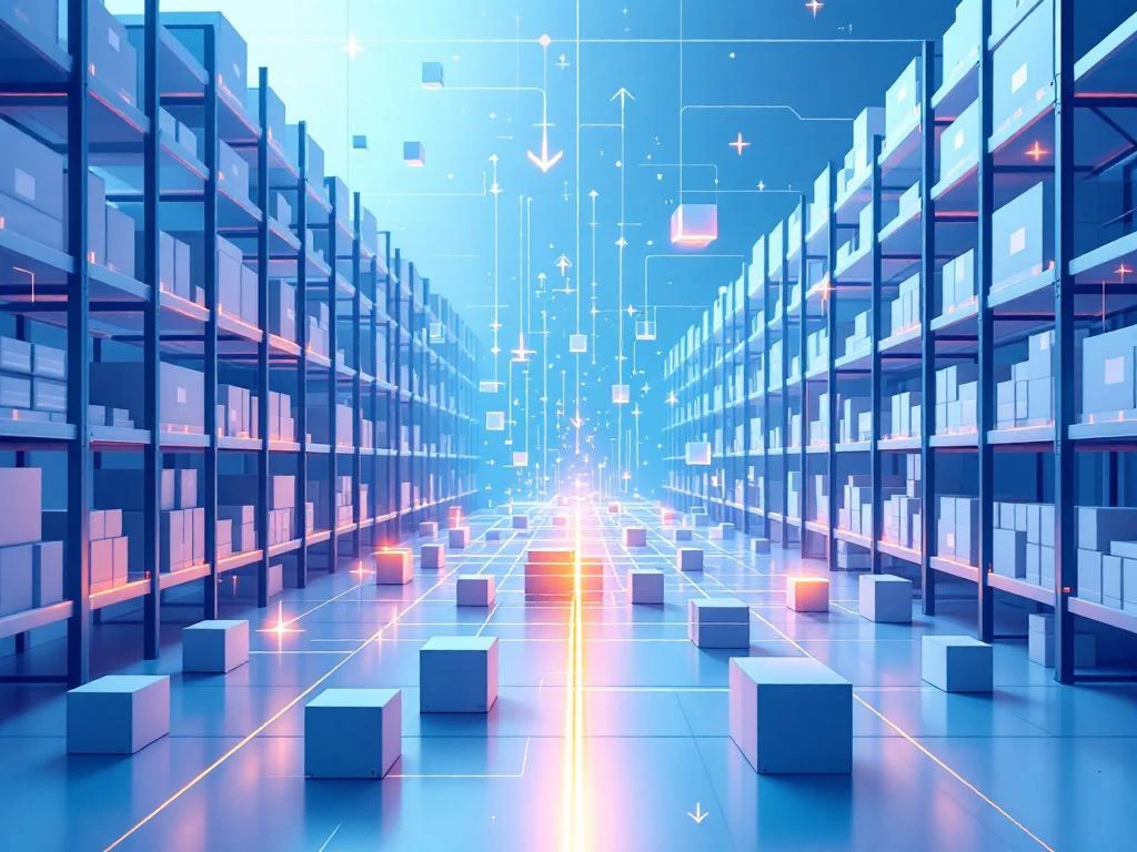 Geautomatiseerd magazijn met robotarm die inventarisboxen scant, digitale datavisualisatie en blauwe kleuraccenten