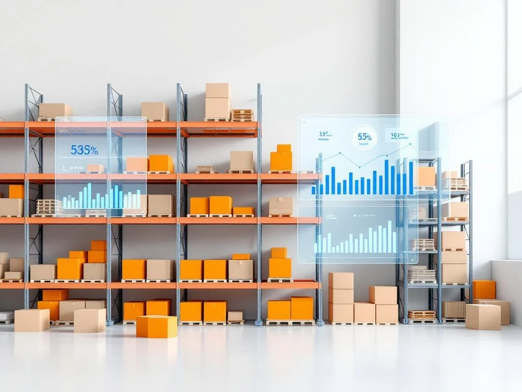 Moderne magazijnstellingen met gekleurde voorraaddozen en digitale dashboard-elementen met efficiëntiemetrieken