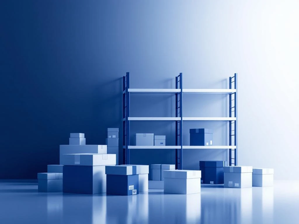 Geometrische magazijnrekken met kubieke voorraaddozen in marineblauw en zilver, met subtiele streepjescodepatronen voor ERP-integratie