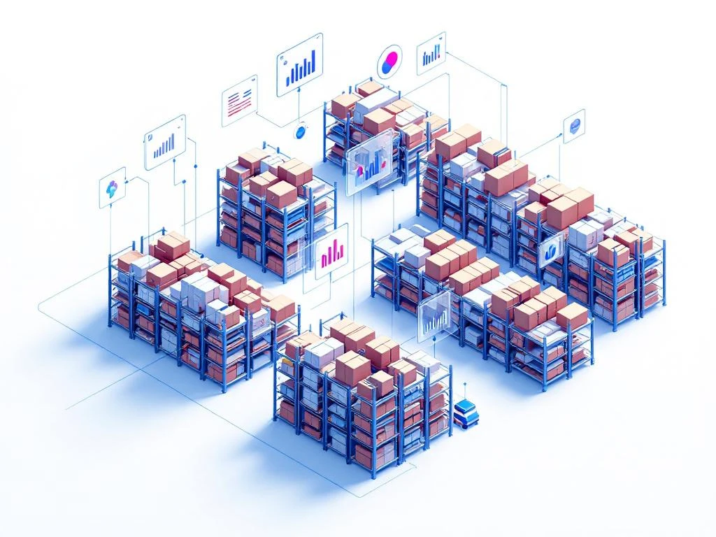 Isometrische magazijnvisualisatie met opslag rekken in rasterformatie, datapanelen en verbindingslijnen in wit en blauw