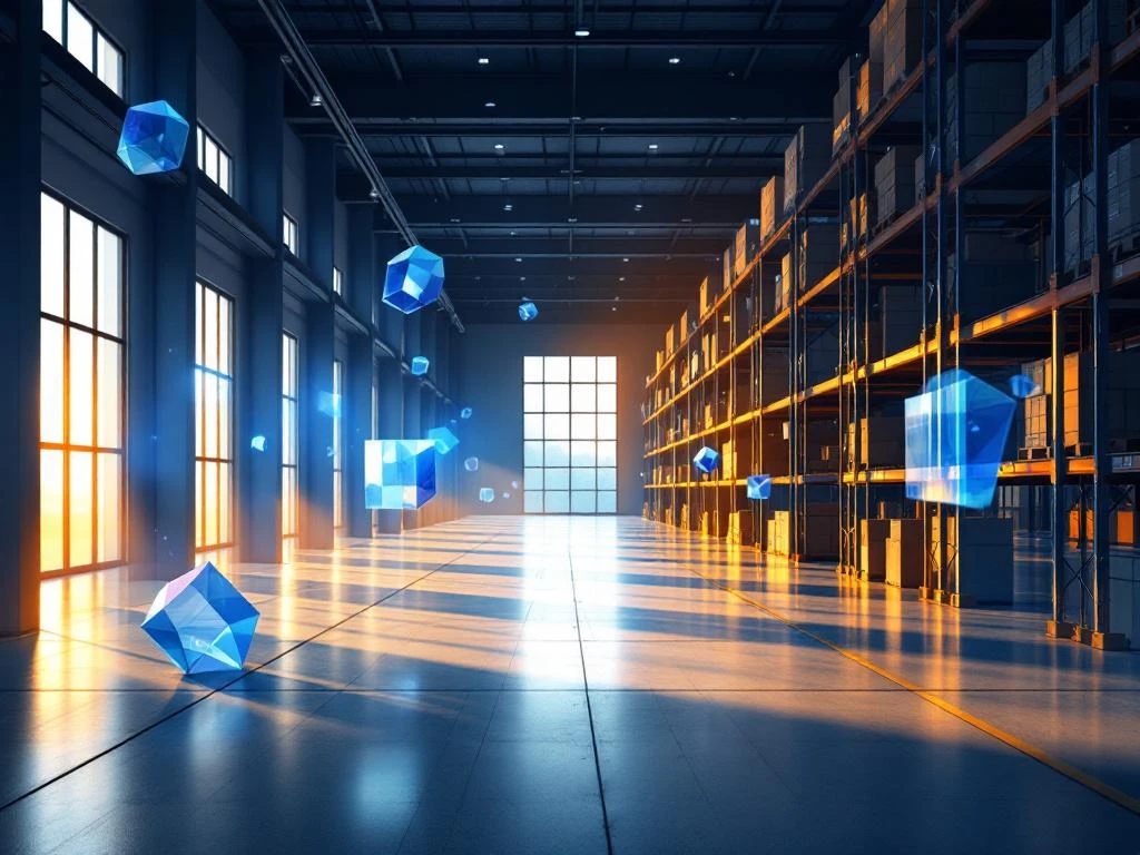 Moderne magazijnruimte met georganiseerde voorraadrekken en blauwe geometrische vormen die kostenbesparingen tonen