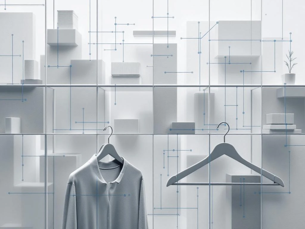 Geometrische kledinghangers in rasterpatroon met moderne magazijnrekken en blauwe digitale lijnen voor inventarisbeheer