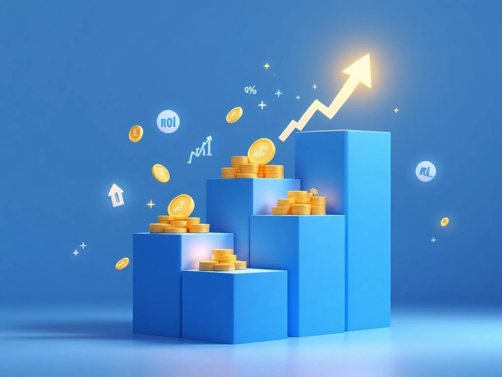 Blauwe geometrische blokken die omhoog stijgen met gouden munten en pijlen, ROI-grafieken op achtergrond