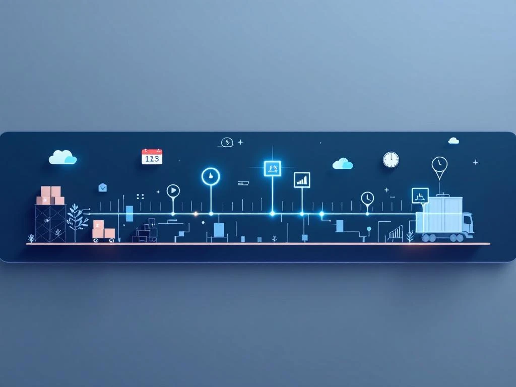 Moderne digitale tijdlijn met mijlpaal-markers, klok-iconen en magazijn-silhouetten in blauw-grijze kleuren