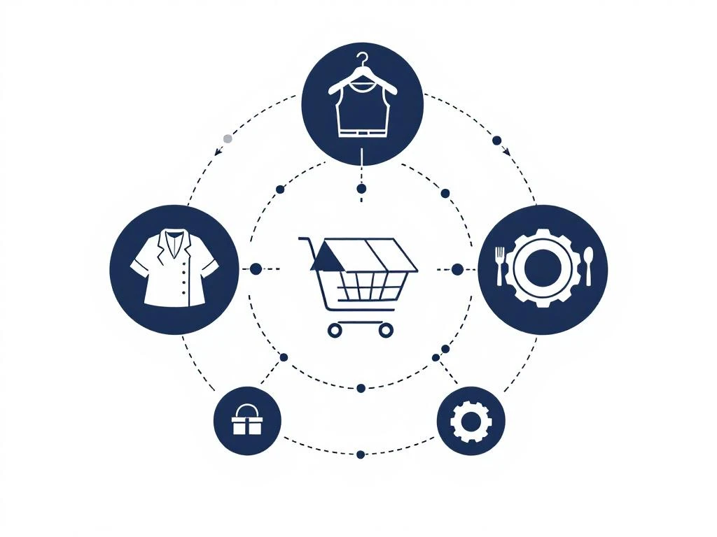 Minimalistische infographic met inventarisbox omringd door iconen voor mode, retail, horeca en industrie in navy en wit