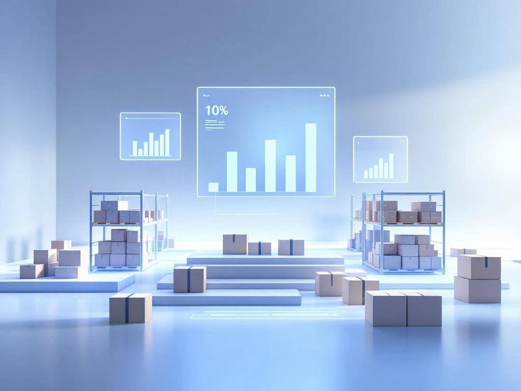 Geometrische magazijnstellingen met digitale dashboards en voorraadboxen in minimalistische blauwe en witte stijl