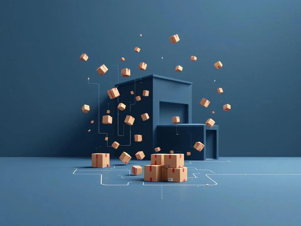 Geometrisch magazijn silhouet met zwevende voorraaddozen en verbroken dataverbindingen in blauw-grijze kleuren