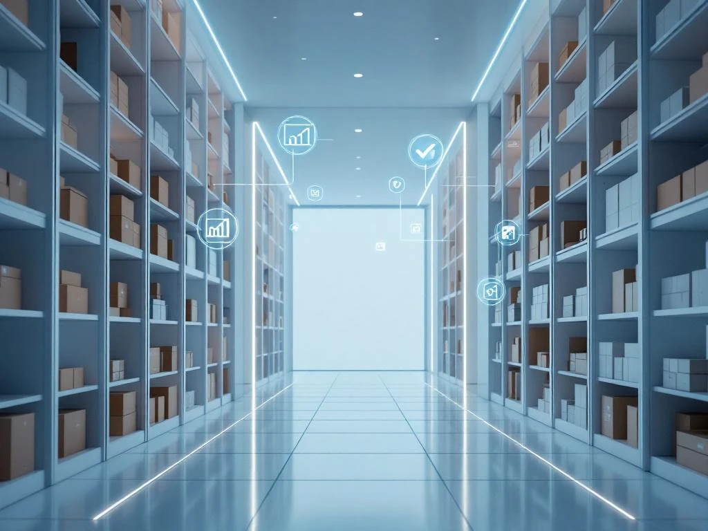 Moderne minimalistische magazijn met symmetrische stellingen, digitale inventaris tablets en data visualisatie elementen
