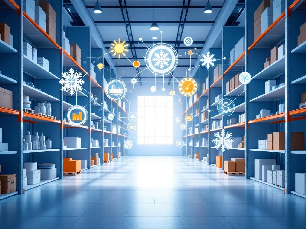 Minimalistische magazijn met geometrische rekken, zomer-winter voorraadtransitie en zwevende digitale inventaris iconen