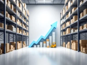 Minimalistische magazijnscène met geometrische stellingen, georganiseerde voorraad en opwaartse pijl voor ERP-software