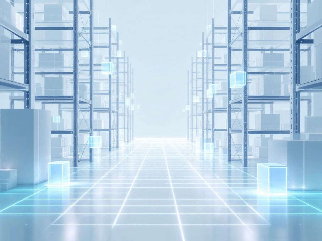 Moderne magazijnstellingen in wit en blauw met zwevende kubussen verbonden door digitale lijnen voor ERP-software