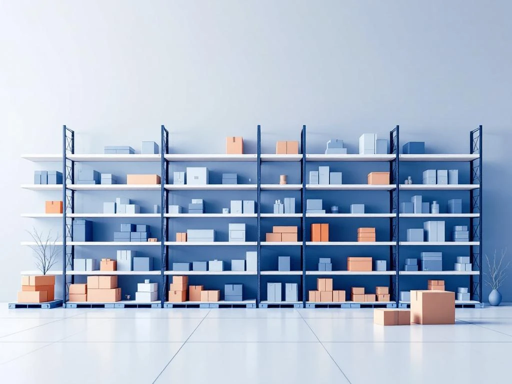 Moderne magazijnrekken met digitale voorraadpictogrammen in blauw, grijs en wit voor retail inventarisatiesystemen