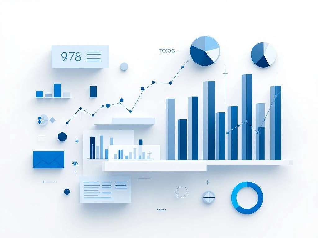 Minimalistische data visualisatie met grafieken en dashboards in blauw en grijs op witte achtergrond