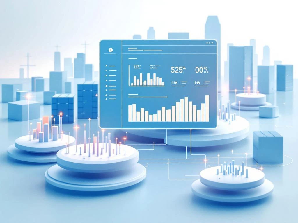 Digitaal dashboard met voortgangsbalken en voorraadtellers verbonden met moderne magazijnsilhouet via datastromen