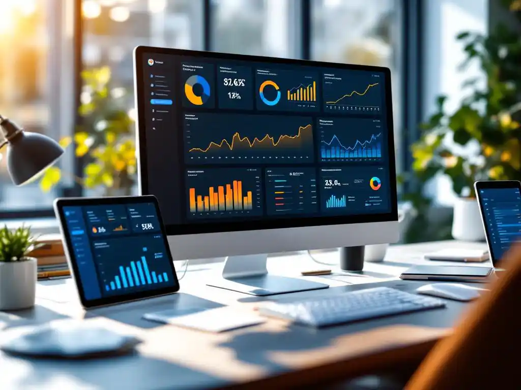 Modern kantoorbureau met verbonden apparaten die gesynchroniseerde klantendashboards tonen, warme natuurlijke belichting door grote ramen