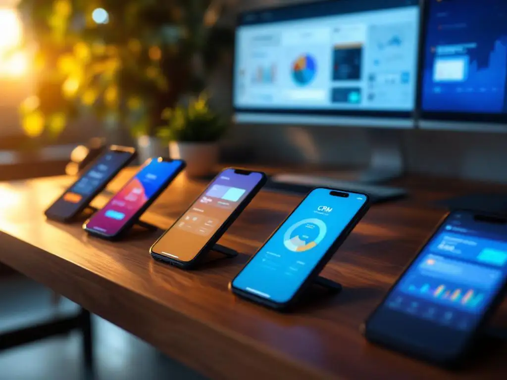 Tien smartphones op een mahoniehouden bureau tonen verschillende CRM-dashboards in een rasterpatroon, verlicht door warm natuurlijk licht