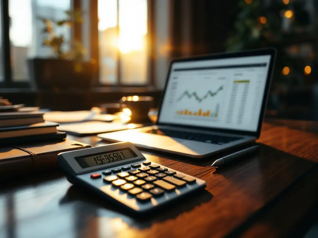 Moderne rekenmachine met financiële cijfers op mahonie bureau naast laptop met spreadsheet, omringd door zakelijke documenten in professioneel kantoor