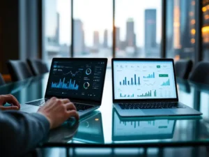 Twee moderne laptops op glazen vergadertafel tonen dashboard en grafieken, handen typen, kantooromgeving met stadshorizon