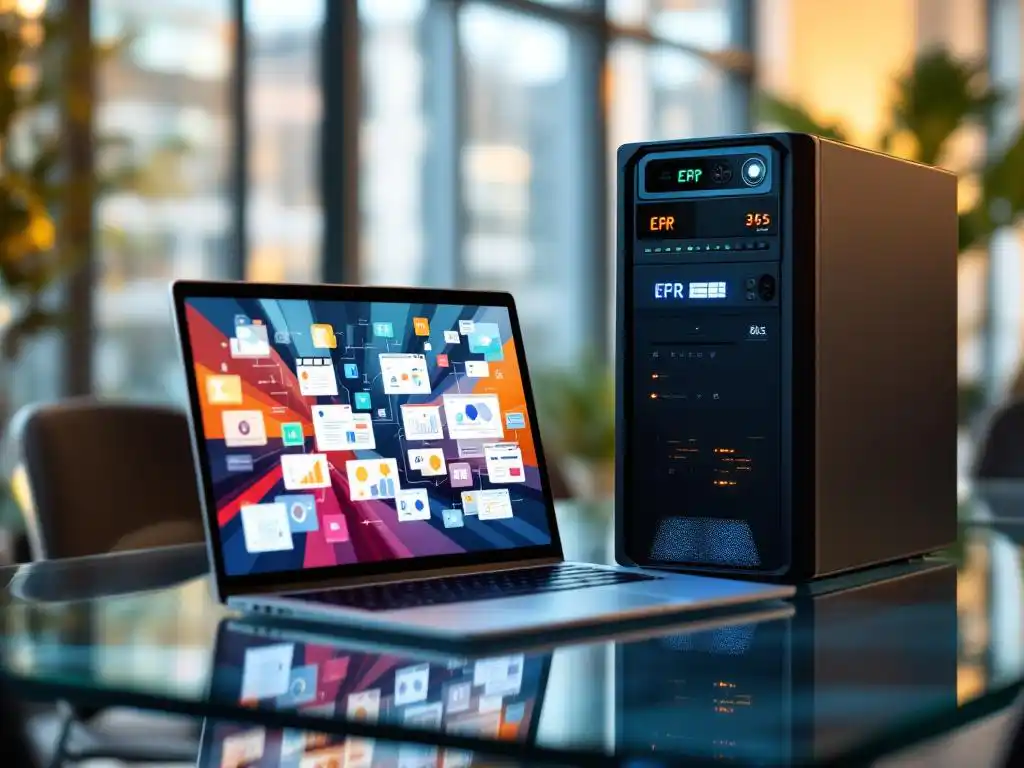 Microsoft 365 laptop en ERP server op glazen vergadertafel in moderne kantooromgeving met natuurlijk licht