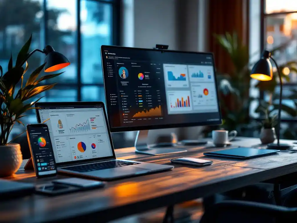 Modern kantoorbureau met laptop, tablet en smartphone die gesynchroniseerde bedrijfsdata tonen, omringd door retailproductmonsters in warm natuurlijk licht