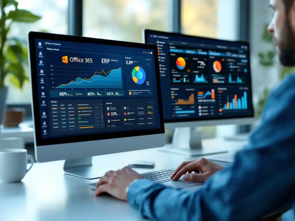 Microsoft Office 365 interface op laptop naast ERP dashboard op desktopmonitor op wit bureau in modern kantoor