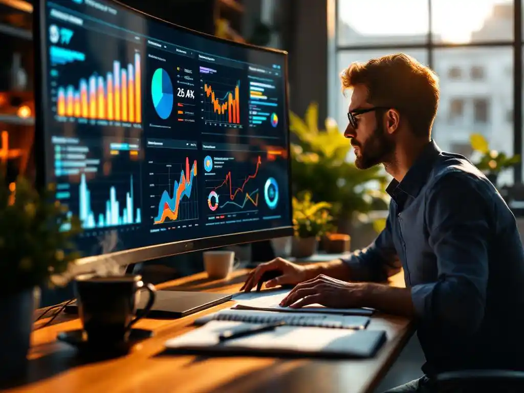 Professional bestudeert Power BI dashboards op groot scherm met kleurrijke grafieken, notitieboek en koffie op bureau