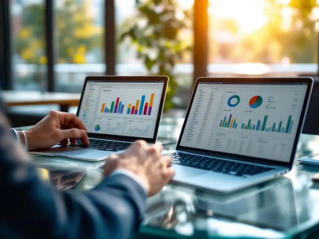 Zakenman vergelijkt Power BI dashboard met kleurrijke grafieken en Excel spreadsheets op glazen bureau in kantoor