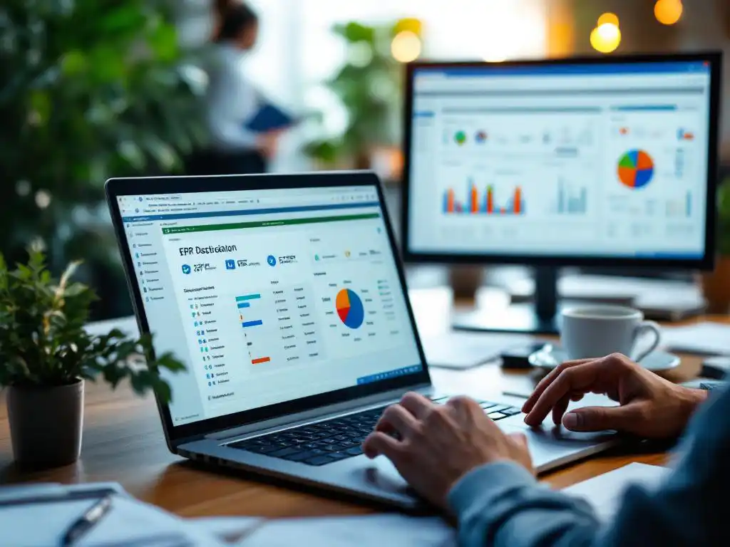 Laptop met SharePoint-interface naast ERP-systeem op dubbele monitoren, zakelijke documenten en koffiekop op eiken bureau